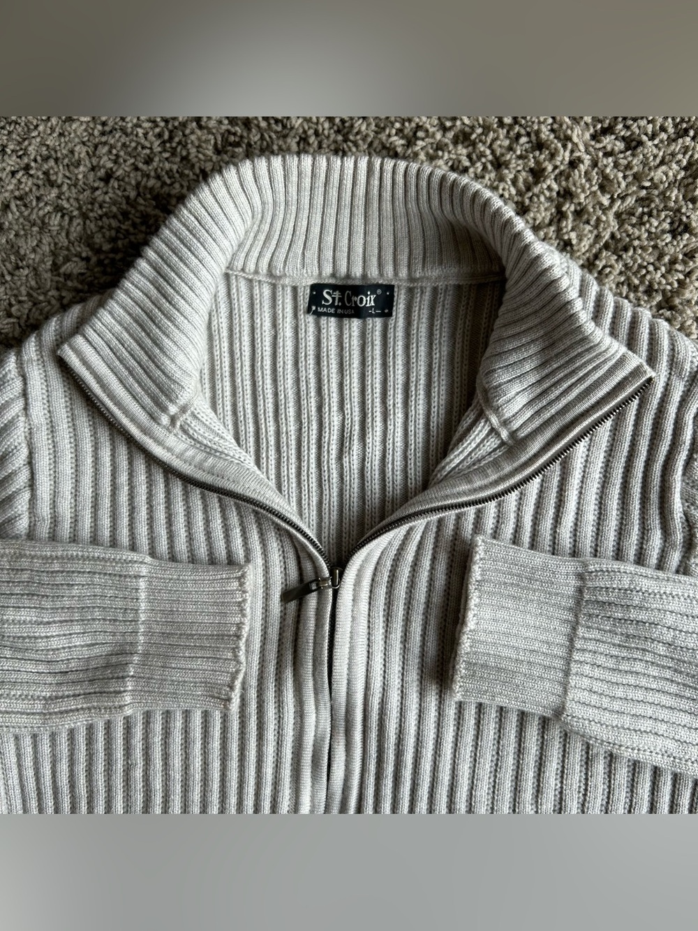 St. Croix Sweater Mens Large Slim Heather Gray Zip Rib Knit Wool Mock Neck USA